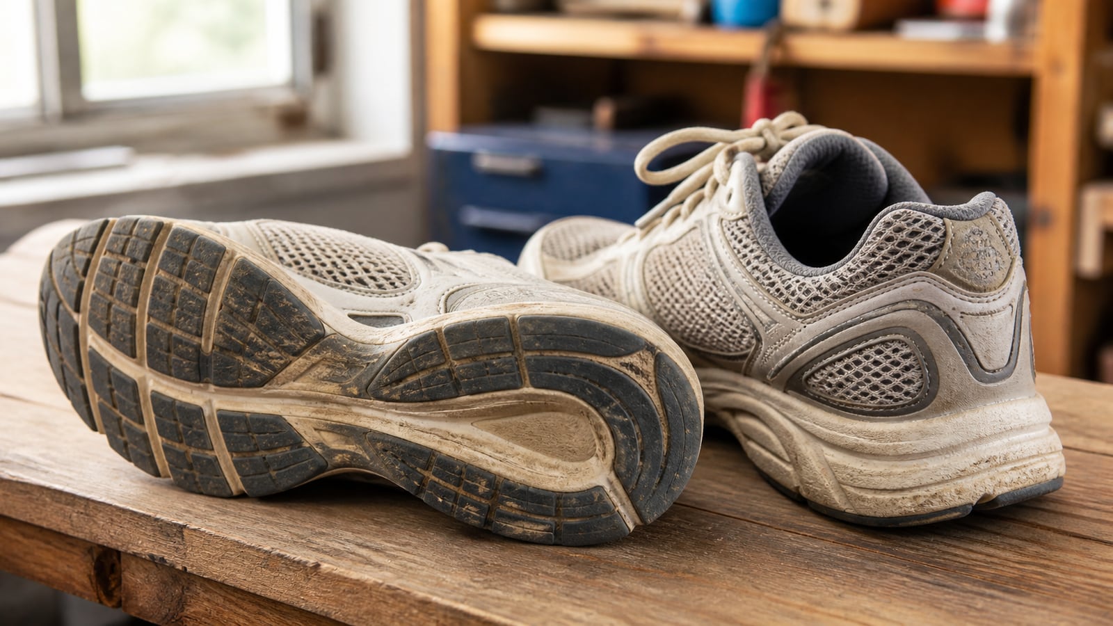 Versleten hardloopschoenen met duidelijk afgesleten profiel