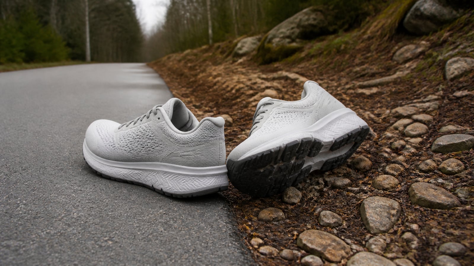 Hardloopschoenen naast een asfaltpad en rotsachtig bospad